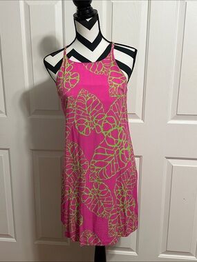 Escapada Hot Pink Dress with Lime Green Leaf Print